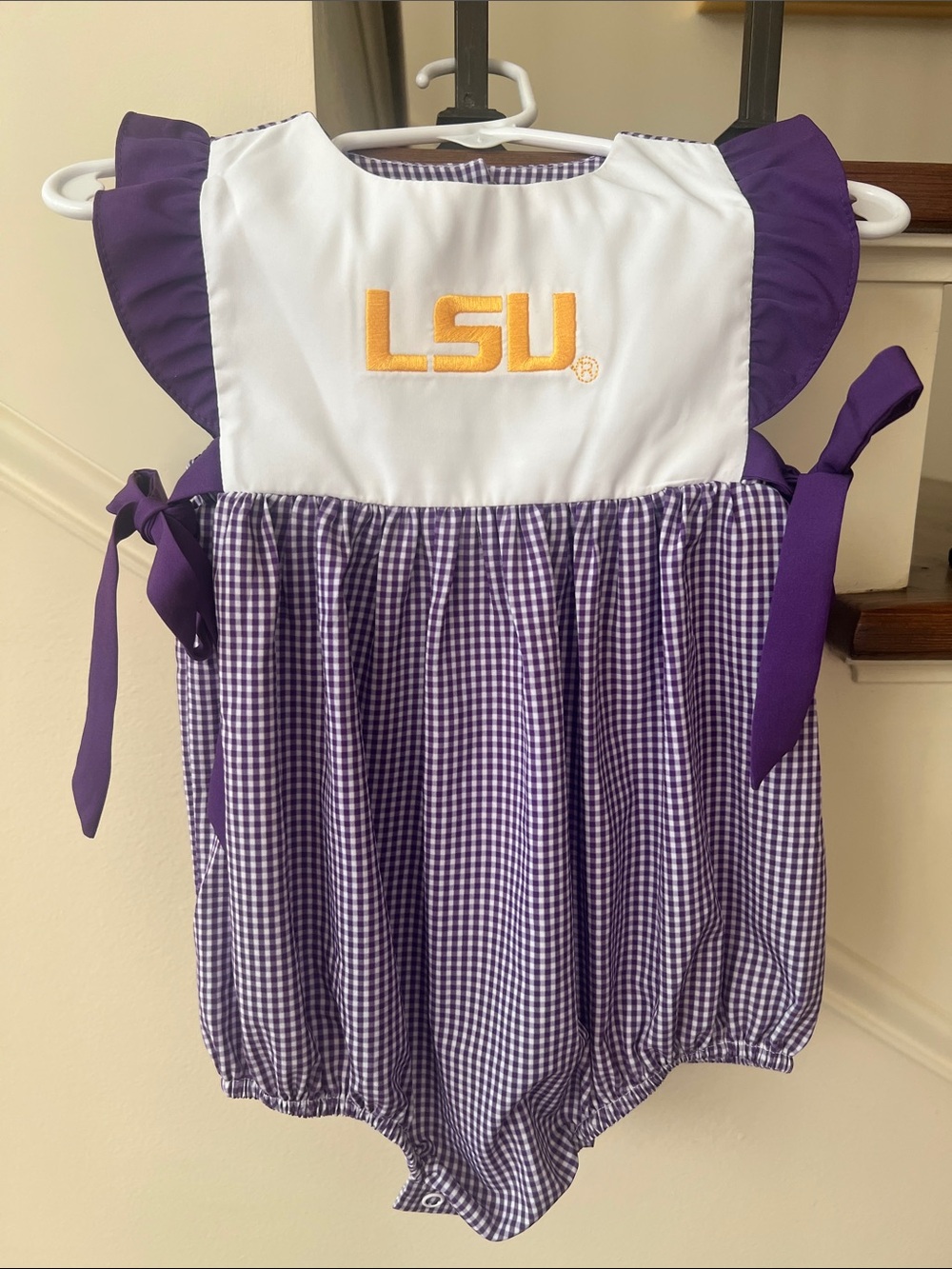 LSU Purple Gingham Ruffle Baby Bubble